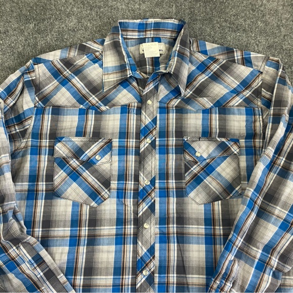 Vintage Wrangler Men’s Pearl Snap Flannel Size XLT blue and grey rancher cowboy - Picture 2 of 9
